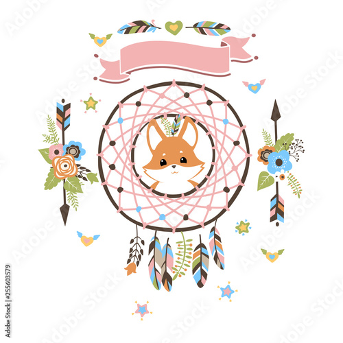Boho dream catcher with baby fox inside, with arrows, slogan, flowers, hearts and stars