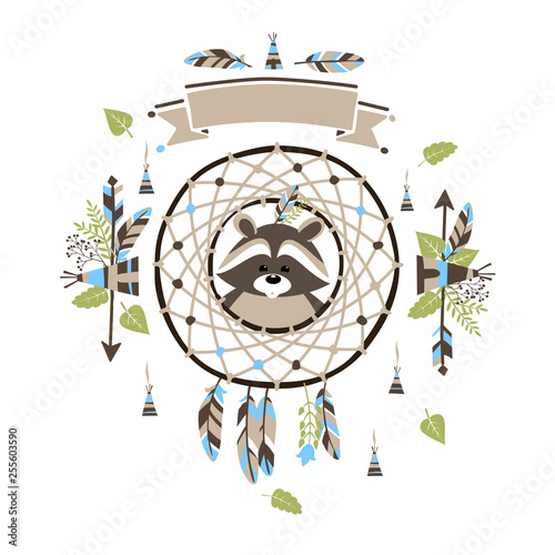 Boho style baby raccoon, dream catcher, slogan ribbon, floral decoration, quills, arrows