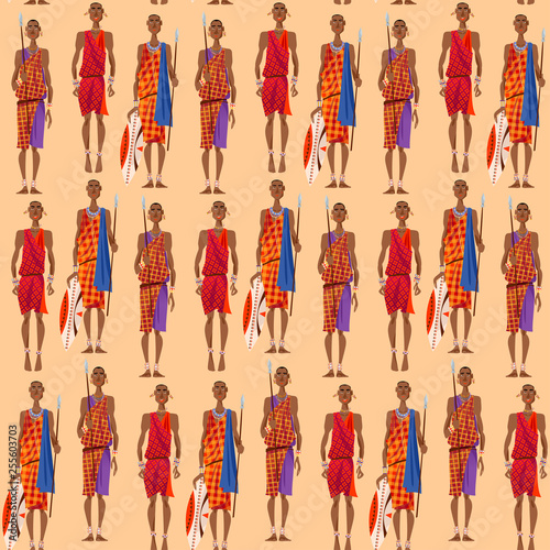Maasai warriors perform traditional jumping Dance. Seamless background pattern.