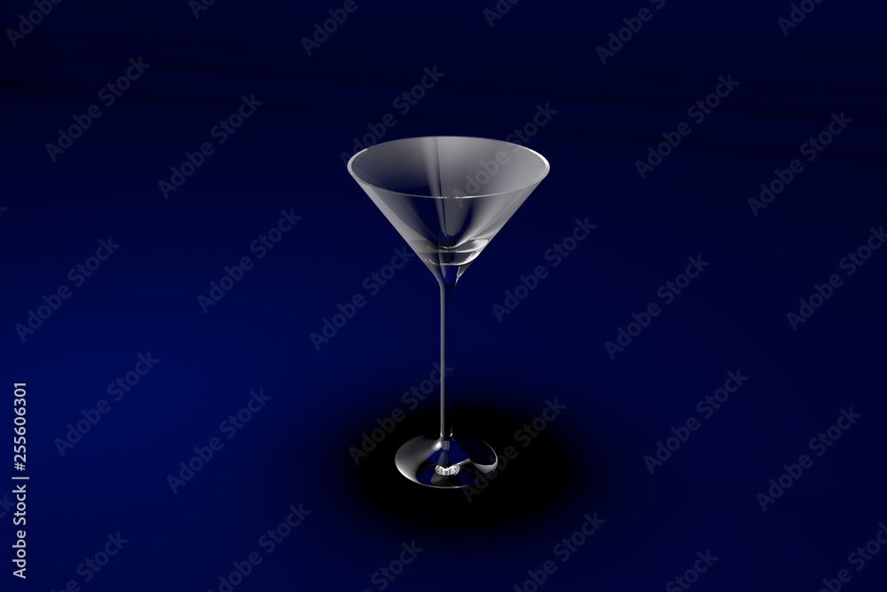 3D illustration of martini glass on dark blue design background - drinking glass render