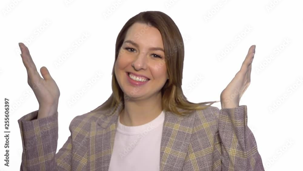 Smiling woman sends air kiss at the camera over white background chromakey Smiling woman sends air kiss at the camera over white background chromakey