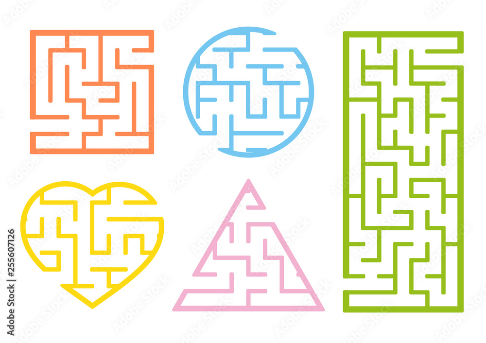 A set of mazes. Cartoon style. Visual worksheets. Activity page. Game for kids. Puzzle for children. Maze conundrum. Color vector illustration. A set of mazes. Cartoon style. Visual worksheets. Activity page. Game for kids. Puzzle for children. Maze conundrum. Color vector illustration.