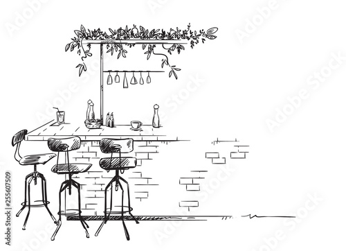 bar interior sketch, bar stand vector drawing