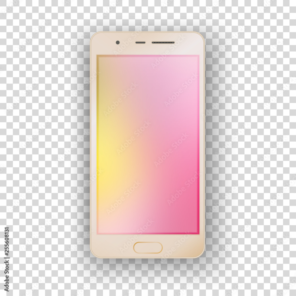 Mobile gold phone with pink yellow screen on transparent background ...