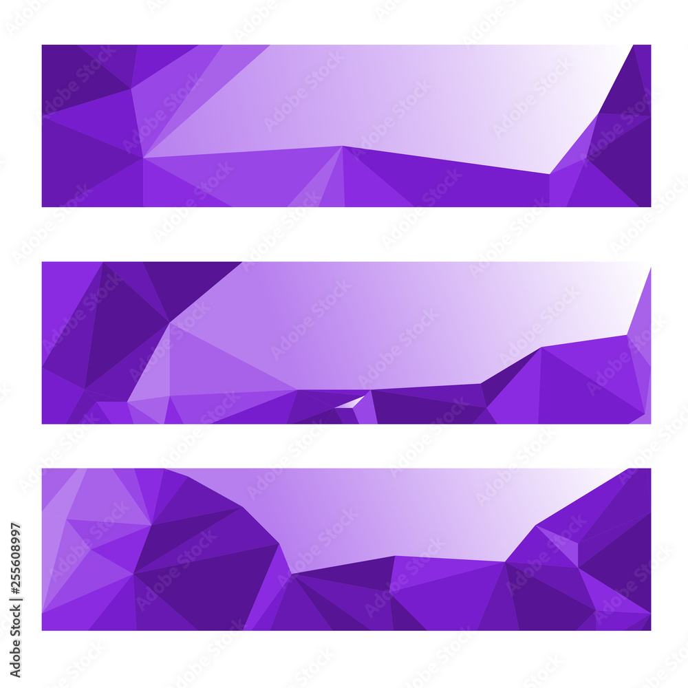 Set of three modern banners with polygonal background. Vector illustration composed of triangles. Purple colors. Set of three modern banners with polygonal background. Vector illustration composed of triangles. Purple colors.