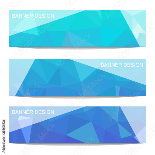 Set of three modern banners with polygonal background. Vector illustration composed of triangles. Sky blue colors with shadow.