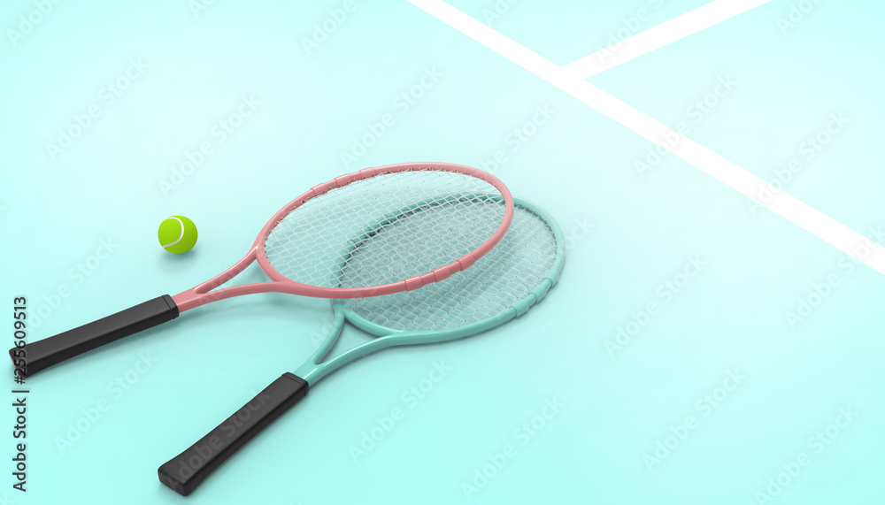 New Tennis Racket Sports on pastel blue background for copy space and Summer- holidays - 3d rendering New Tennis Racket Sports on pastel blue background for copy space and Summer- holidays - 3d rendering