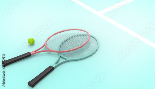 New Tennis Racket  Sports on pastel blue background for copy space and Summer- holidays  - 3d rendering
