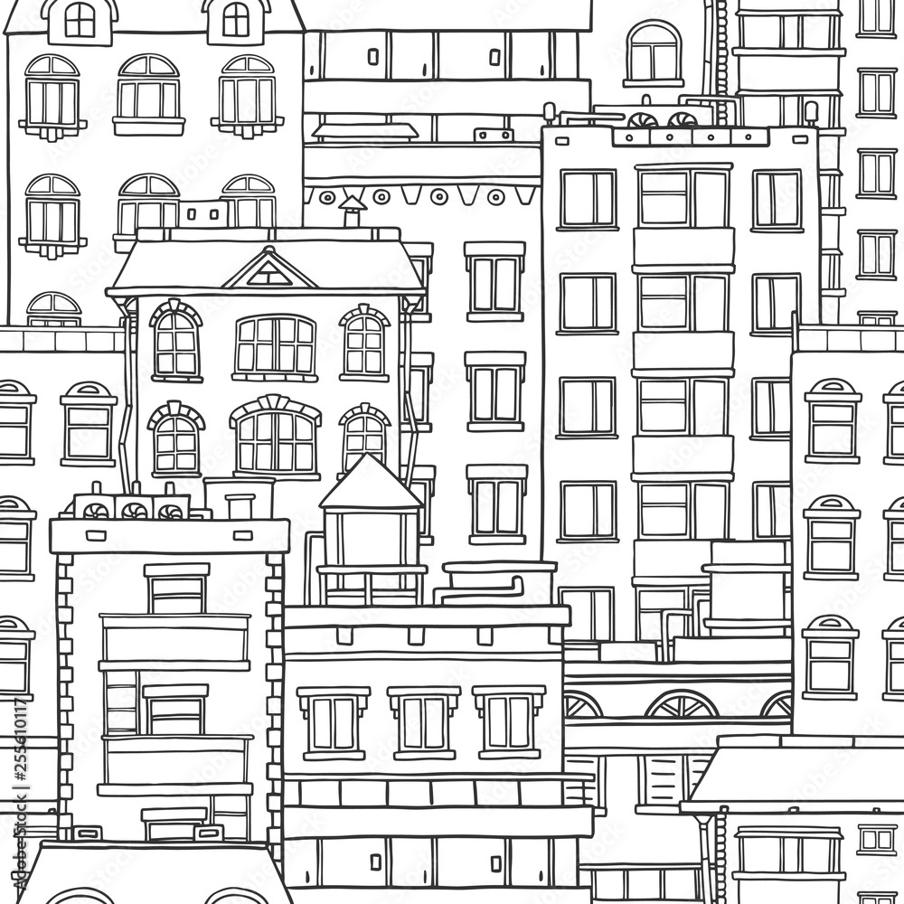 Vector seamless black and white pattern with hand drawn doodle houses.