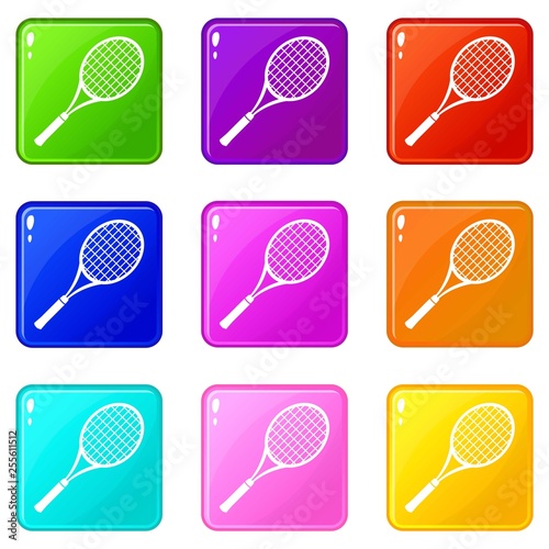 Tennis racket icons set 9 color collection isolated on white for any design