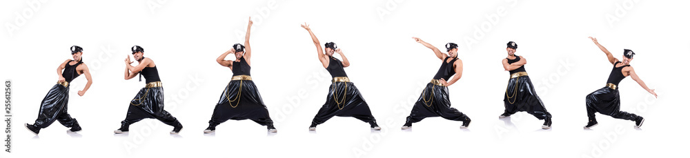 Rap dancer in wide pants on white