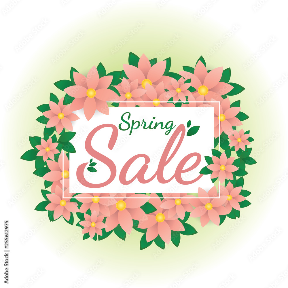 Spring sale banner with beautiful pink  flowers