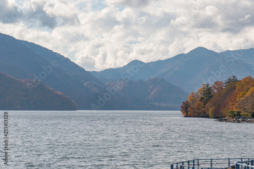Mountain and lake in autumn season.