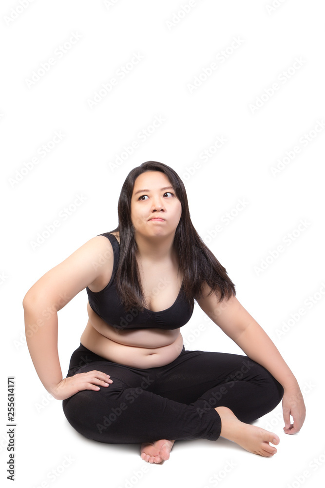 fat woman obese belly sitting on ground bored face tired exhausted to exercise weight loss concept isolated on white background fat woman obese belly sitting on ground bored face tired exhausted to exercise weight loss concept isolated on white background