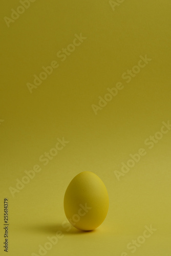 One yellow painted Easter eggs stand on a yellow background. Happy Easter holiday card or banner. Copy space.