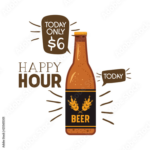 happy hour label with beer isolated icon