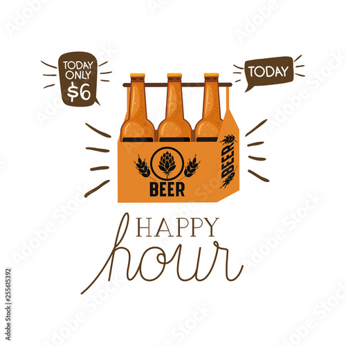 happy hour label with beer isolated icon