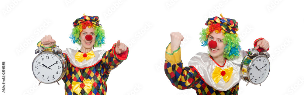 Clown with clock isolated on white Clown with clock isolated on white
