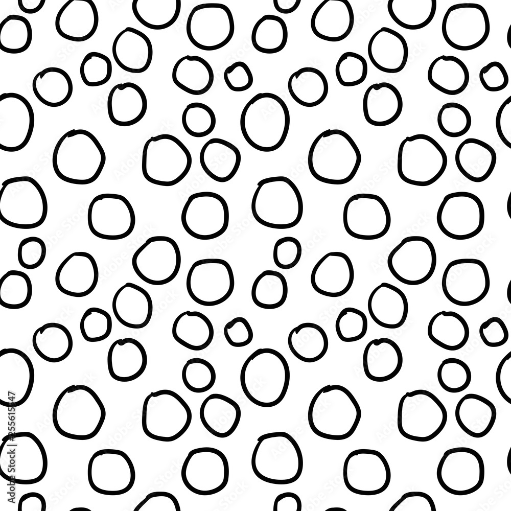 Geometrical background with uneven circles, rings. Abstract round seamless pattern. Hand drawn dots pattern on white background. Vector illustration.   