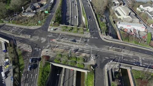 Aerial footage of the A50, A500 motorway, dual carriage way in the heart of the city of Stoke on Trent in Staffordshire, Commuters travel north and south on the roads photo