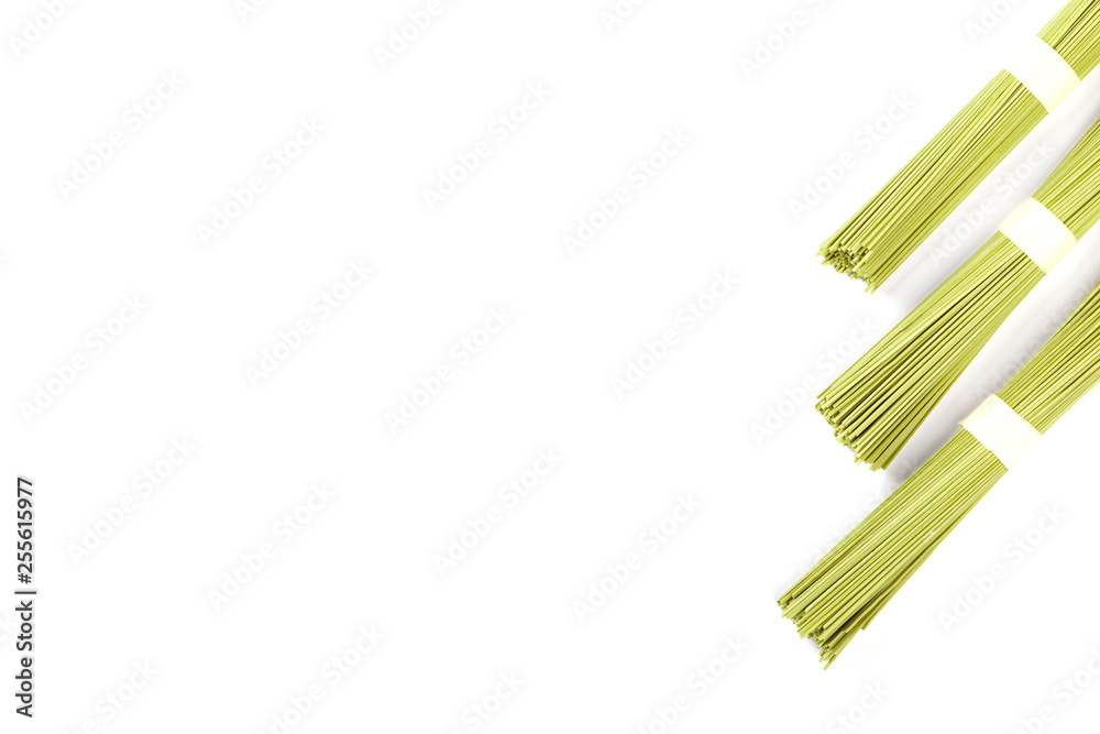 Green Tea Soba Noodles isolated on white background.Copy space for Text.Minimalist concept.Top View. Flat Lay.