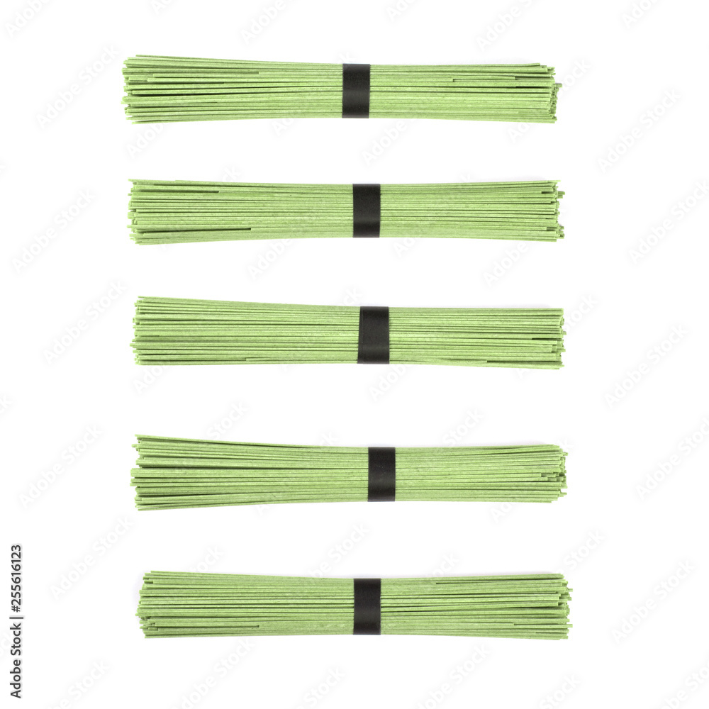 Green Tea Soba Noodles isolated on white background.Copy space for Text.Minimalist concept.Top View. Flat Lay.