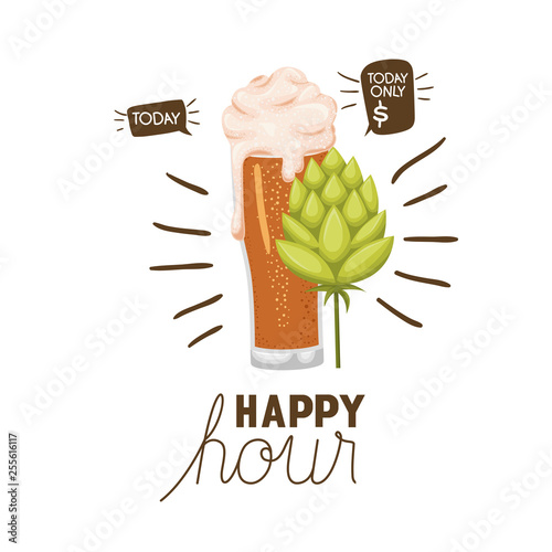 happy hour label with beer isolated icon