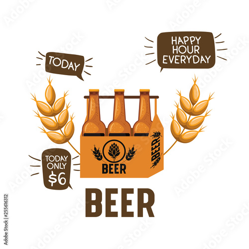 happy hour label with beer isolated icon