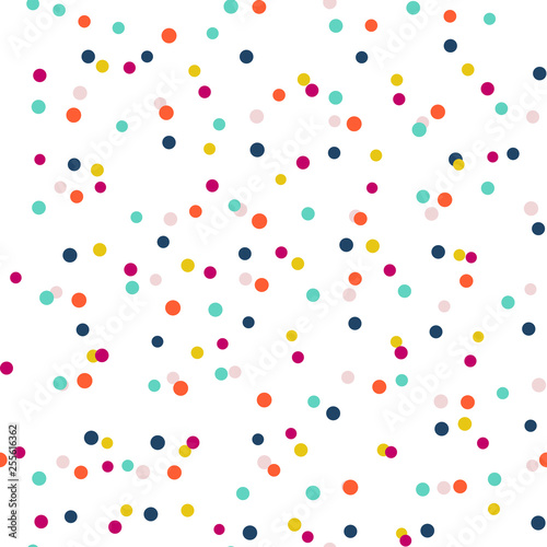 Abstract seamless pattern with colorful chaotic small circles. Infinity messy geometric pattern. Vector illustration. 