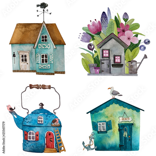 Watercolor illustration. Set of small cartoon houses . Sweet home. Hand drawn picture for decoration, invitation card, greeting card.