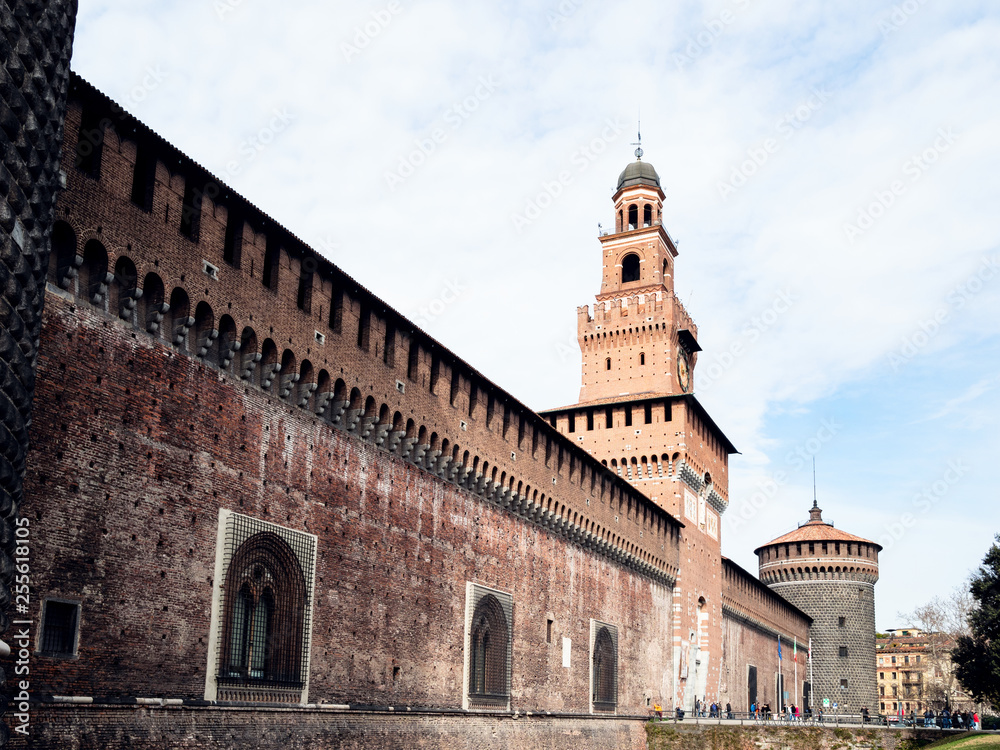 view of external wall of Sforza Castle in Milan