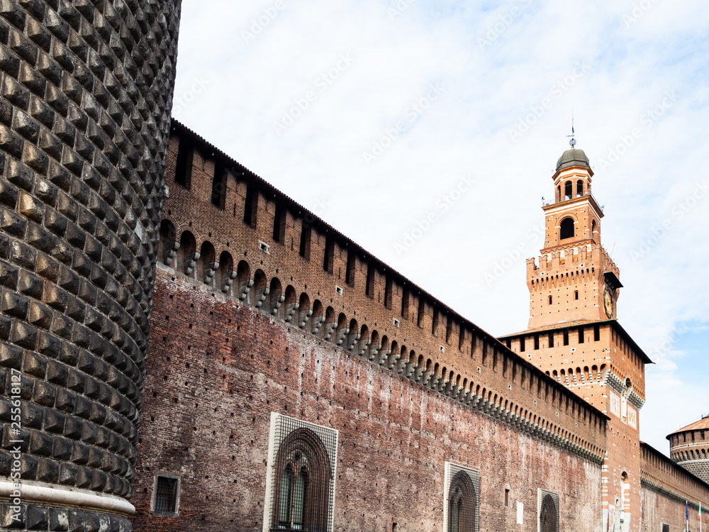 view of fortified wall of Sforza Castle in Milan