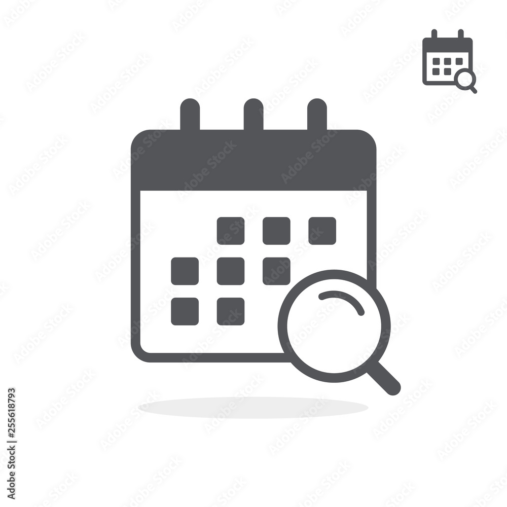 Flat small and large icon of calendar with search. Vector illustration. Flat small and large icon of calendar with search. Vector illustration.