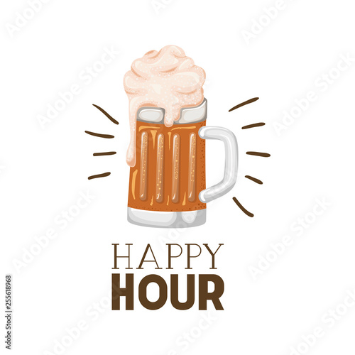 happy hour label with beer isolated icon