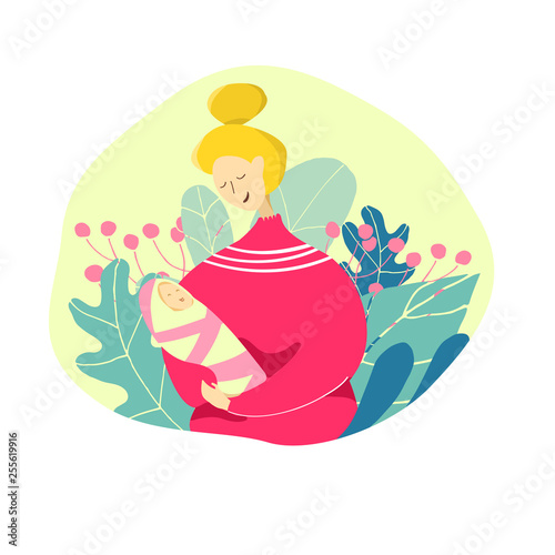 Mother's Day holiday. Happy motherhood concept. Mom and her newborn baby. Vector illustration.