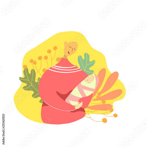 Mother's Day holiday. Happy motherhood concept. Mom and her newborn baby. Vector illustration.