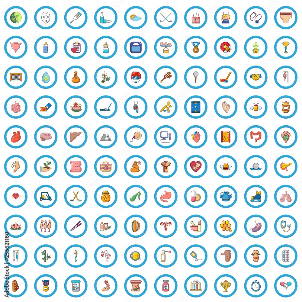 100 health icons set in cartoon style for any design vector illustration