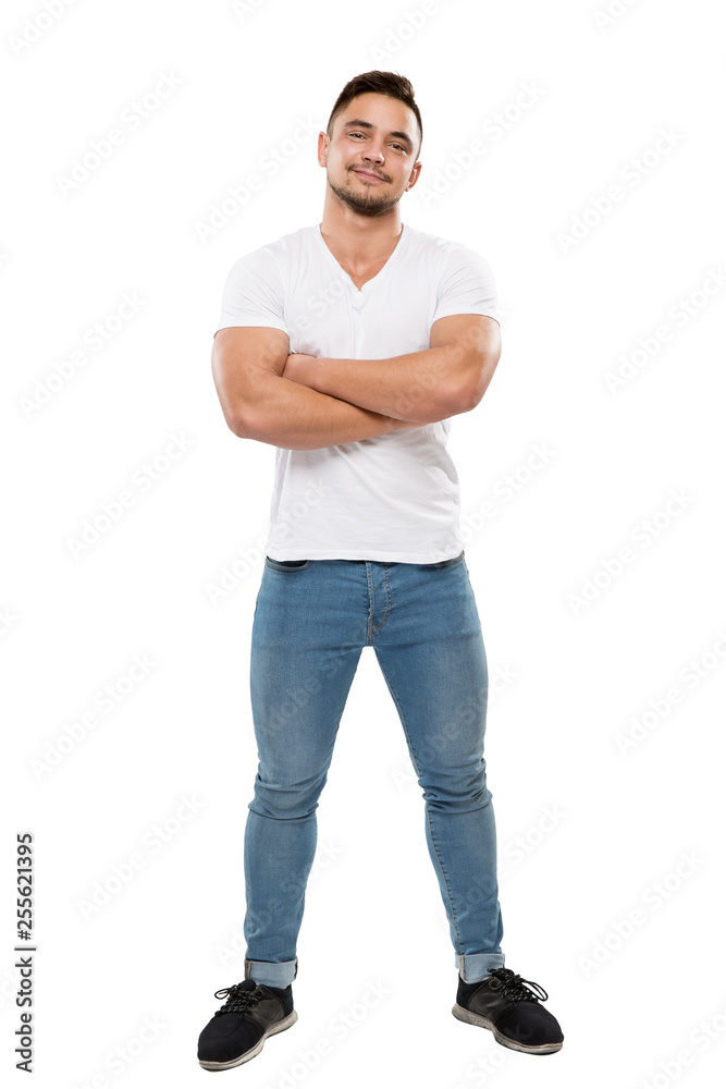 Foto Stock Man Full Body Portrait Isolated over White Background, Boy in T  Shirt and Jeans, Arms Folded | Adobe Stock