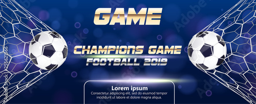 Soccer or Football Banner With 3d Ball on blue background. Soccer game match goal moment with ball in the net and place for text
