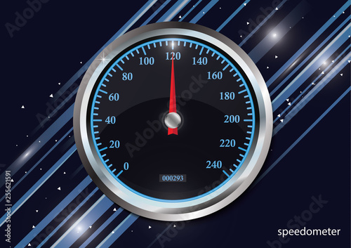 Speedometer on color abstract geometric background of the lines. Round black caliber with chrome frame. Bright neon speed indicators.