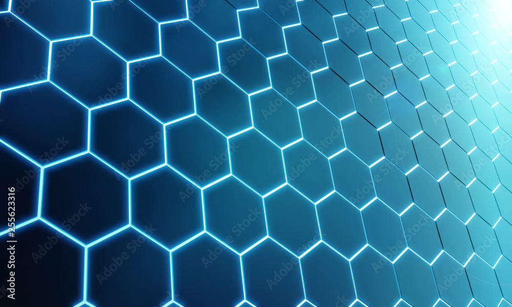 Fototapeta premium Glowing black and blue hexagons background pattern on silver metal surface 3D rendering