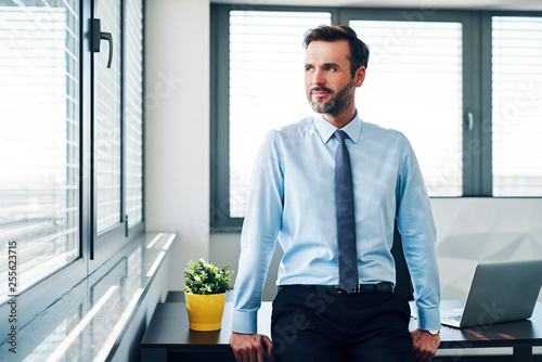 Successful businessman looking throught the window in modern office