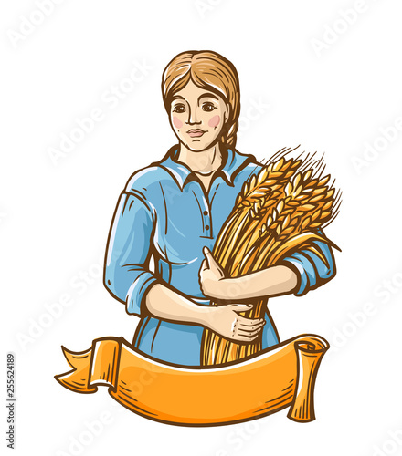 A woman in a dress holds a sheaf of fresh wheat. Hand draw. Farm theme. Color sketch illustration
