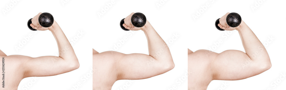 dumbbell arm before and after sports, concept of progress in sports, panoramic image dumbbell arm before and after sports, concept of progress in sports, panoramic image