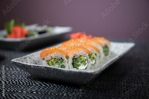Japanese sushi set with ready to serve. Beautiful eastern style table decoration with sushi.
