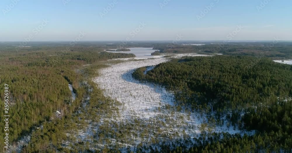 Aerial, drone shot, over a snowy bog and forest,, towards a lake, green, snowless woods and finnish, untouched wilderness, sunny, winter day, in Tejio national park, Finland Aerial, drone shot, over a snowy bog and forest,, towards a lake, green, snowless woods and finnish, untouched wilderness, sunny, winter day, in Tejio national park, Finland