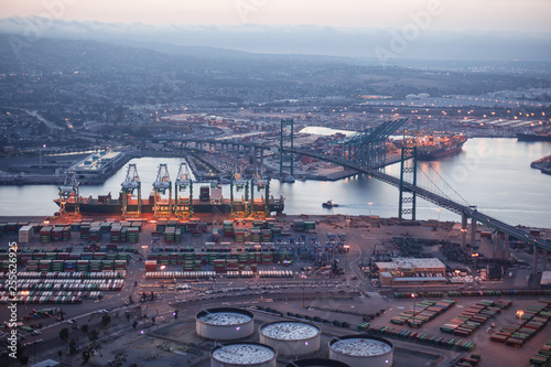 Aerial view of Port of LA in Long Beach, California. Port of Los Angeles is one of the largest water transportations systems in the World.