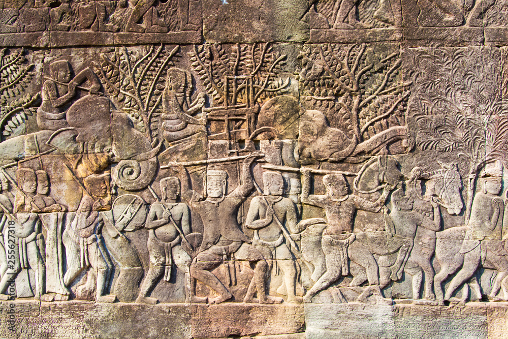 Old stone walls with ancient  Khmer  carving.