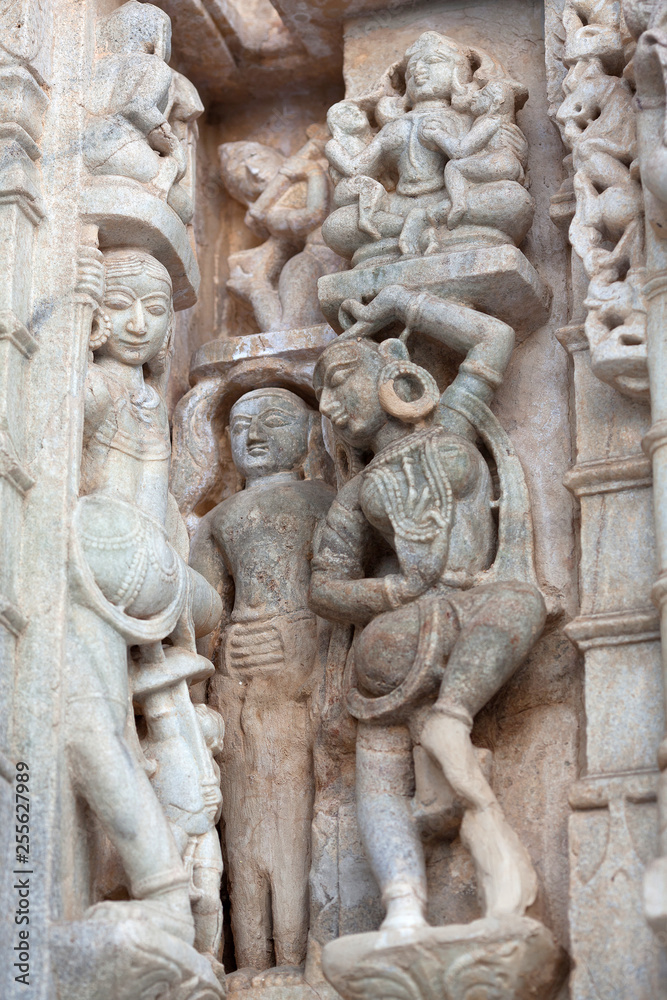 Ancient bas-relief at Ranakpur Jain temple in Rajasthan, India
