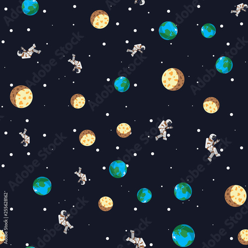 Space print. Seamless pattern Flat Funny flying astronaut in space with Earth and moon.